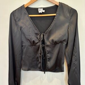 Princess Polly Black Satin Tie-Front Long-Sleeve Blouse